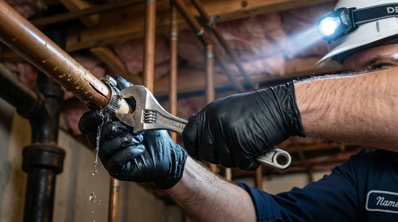 Emergency pipe clamp repair being performed by a Johns Plumbing LLC plumber in Waverly