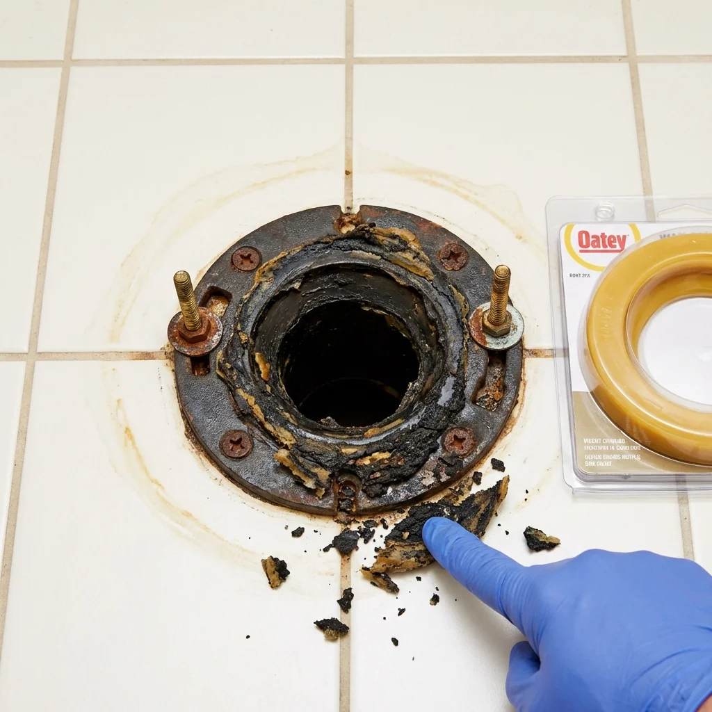 Failed wax ring showing water seepage at the base of a toilet in a Waverly, IL home