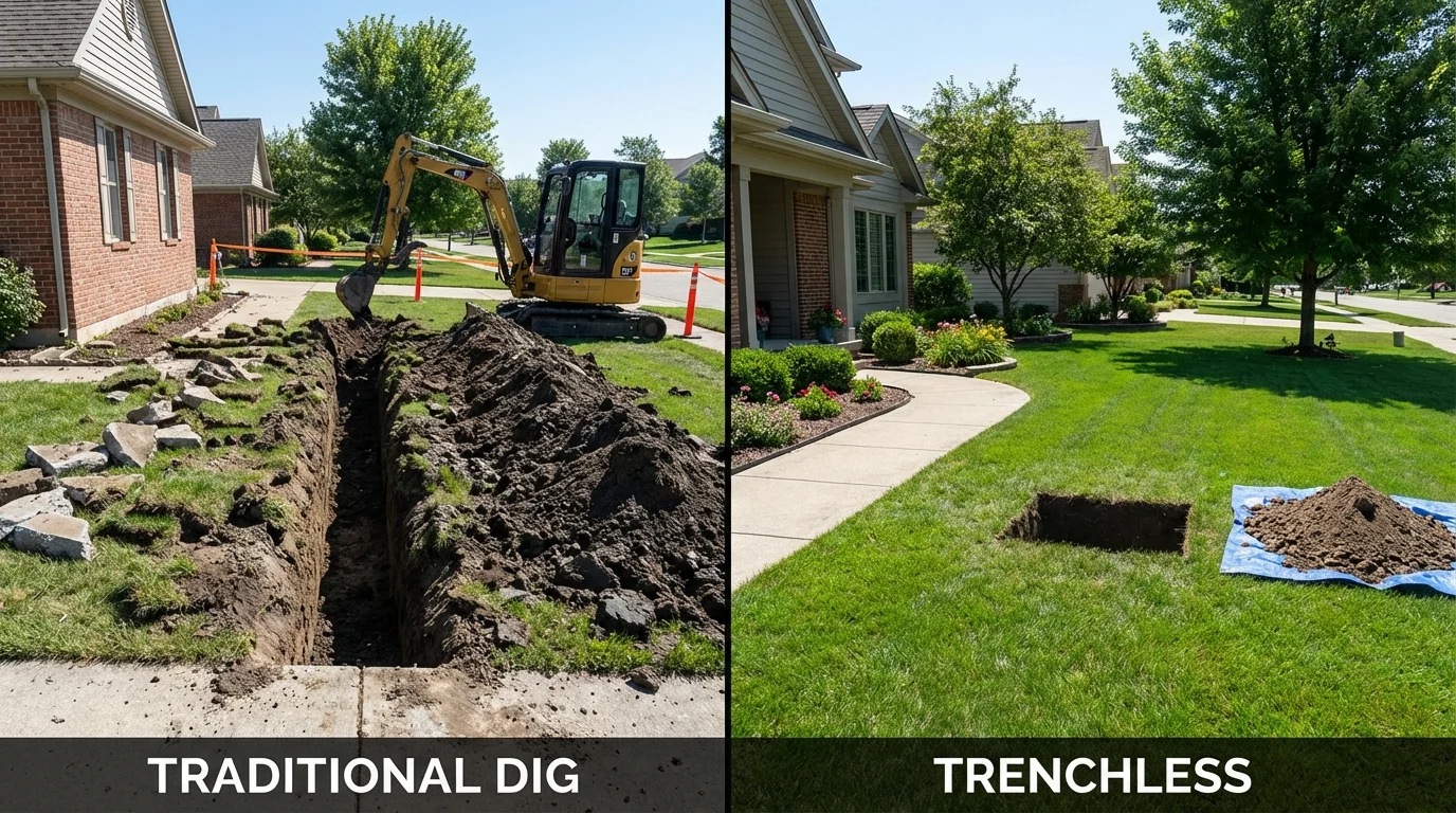 Trenchless sewer repair with minimal yard damage versus traditional excavation in Waverly, IL
